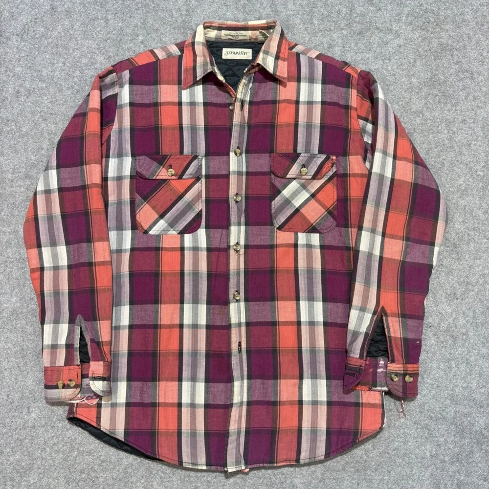 St Johns Bay Mens Large Tall Quilted Flannel Shirt Jacket Plaid Red Purple